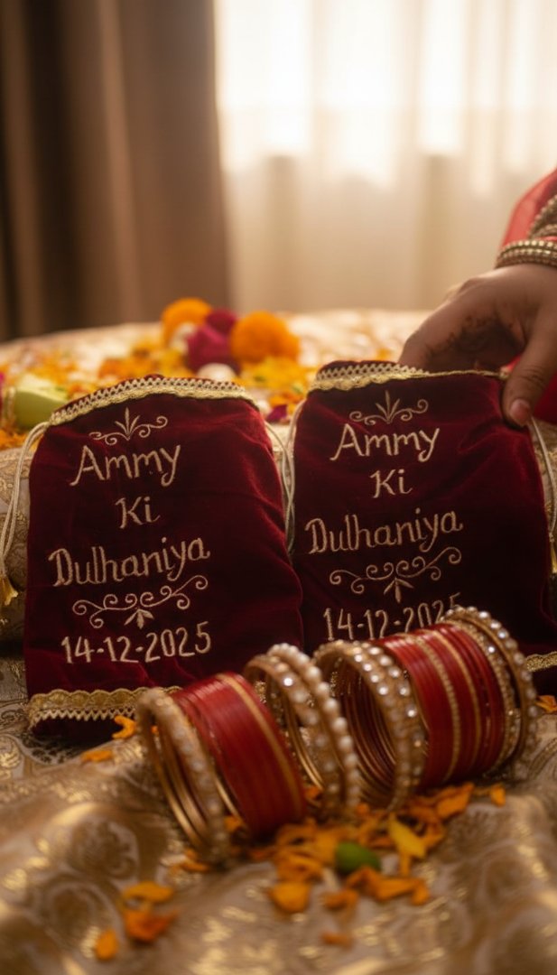 Personalized Velvet Chura Cover | Custom Name & Date Bridal Bag