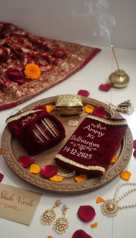 Personalized Velvet Chura Cover | Custom Name & Date Bridal Bag