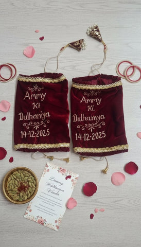 Personalized Velvet Chura Cover | Custom Name & Date Bridal Bag