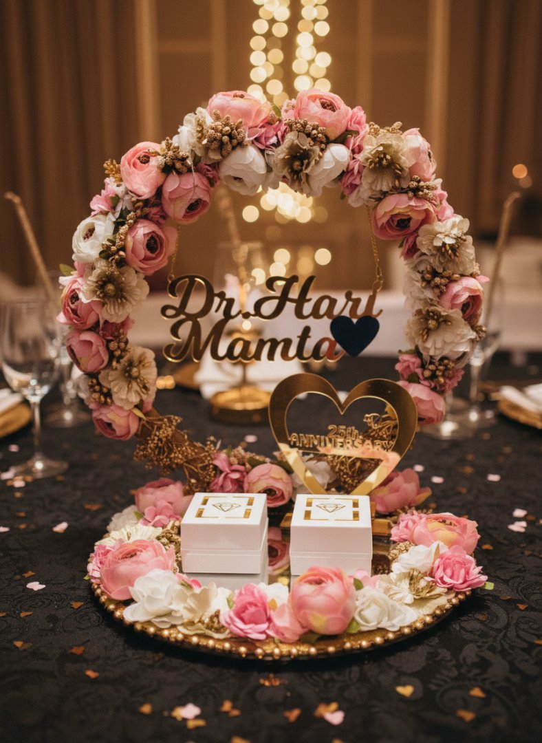 Decorative floral wreath with 'Dr. Hari Mamta' on a table with wine glasses and a blurred background.