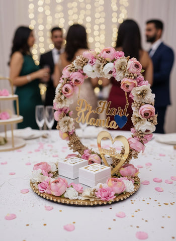 Decorative floral arrangement with 'Dr. Harl Momita' on a table with blurred people in the background.