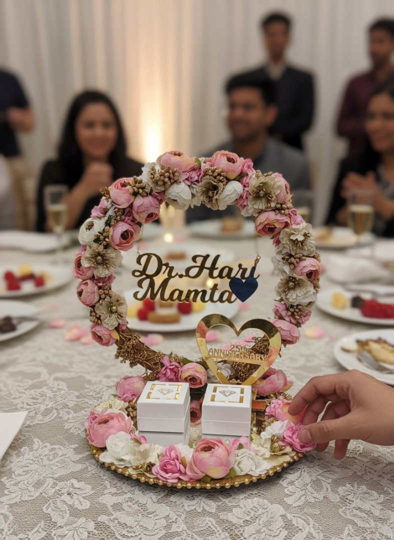 Decorative heart-shaped gift box with flowers on a table, surrounded by people.