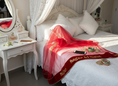 Custom Name Bridal Dupatta - Personalized Wedding Veil with Embroidery