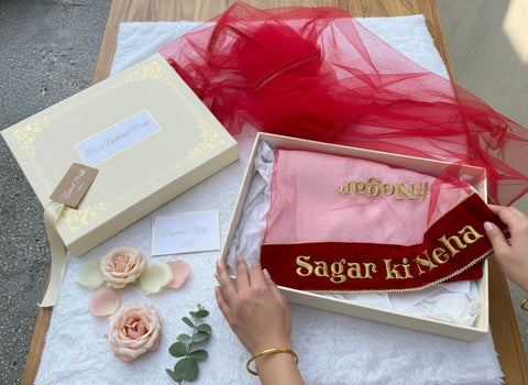 Custom Name Bridal Dupatta - Personalized Wedding Veil with Embroidery