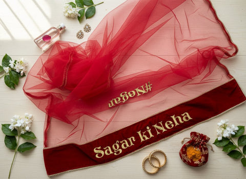Custom Name Bridal Dupatta - Personalized Wedding Veil with Embroidery