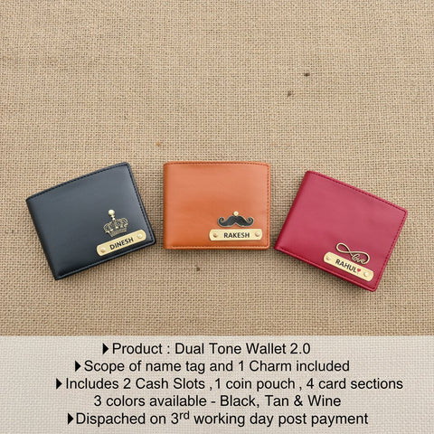 Personalized Dual Tone Men's Wallet 2.0 | Engraved Name & Charm