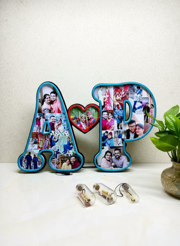Personalized Couple Initials Photo Frame with Neon Light - 10 Colors