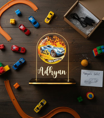 Personalized Hot Wheels LED Table Lamp - Custom Kids Night Light
