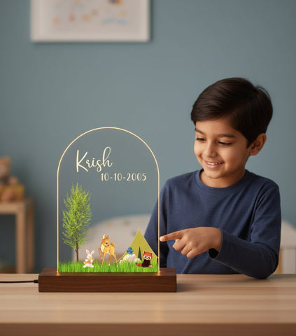 Personalized Kids LED Night Light | Custom Woodland Table Lamp