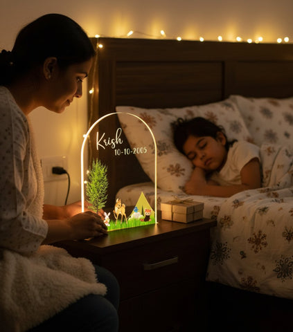 Personalized Kids LED Night Light | Custom Woodland Table Lamp