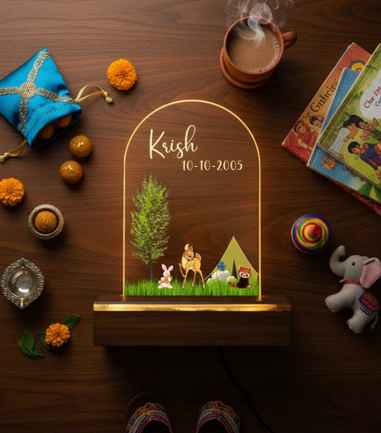 Personalized Kids LED Night Light | Custom Woodland Table Lamp