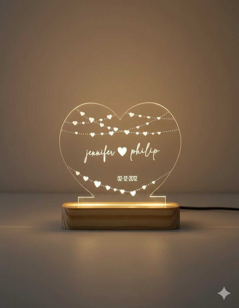 Personalized LED Heart Lamp | Custom Names & Date | Romantic Gift