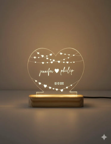 Personalized LED Heart Lamp | Custom Names & Date | Romantic Gift