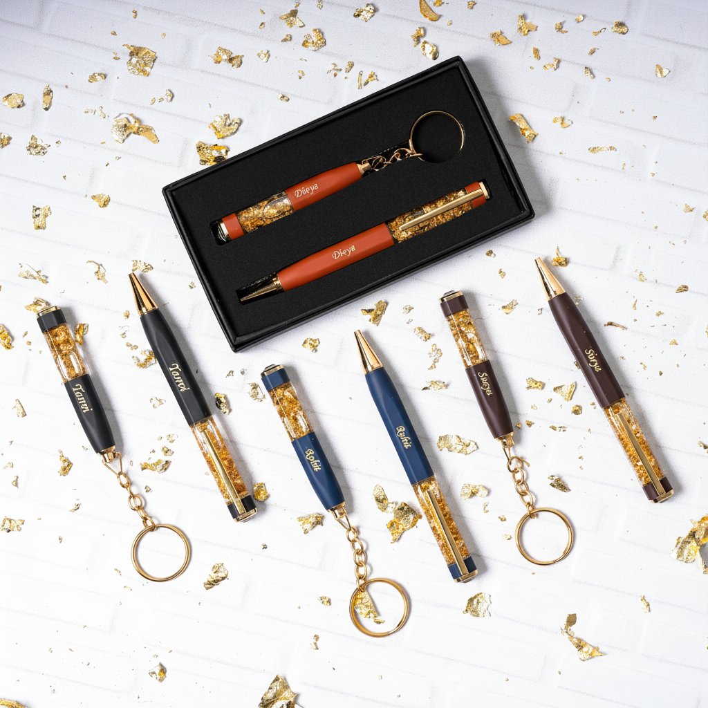 Personalized Gold Flake Pen & Keychain Set - Custom Gift Box