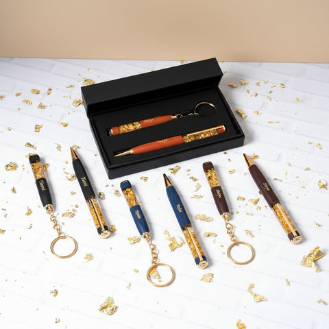 Personalized Gold Flake Pen & Keychain Set - Custom Gift Box