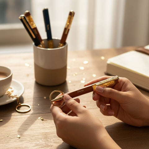 Personalized Gold Flake Pen & Keychain Set - Custom Gift Box