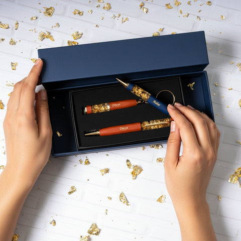 Personalized Gold Flake Pen & Keychain Set - Custom Gift Box
