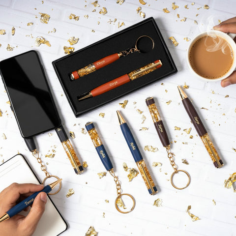 Personalized Gold Flake Pen & Keychain Set - Custom Gift Box