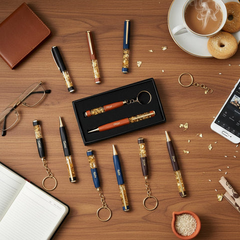 Personalized Gold Flake Pen & Keychain Set - Custom Gift Box