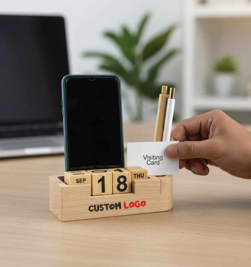 4-in-1 Wooden Desk Organizer with Perpetual Calendar & Mobile Stand