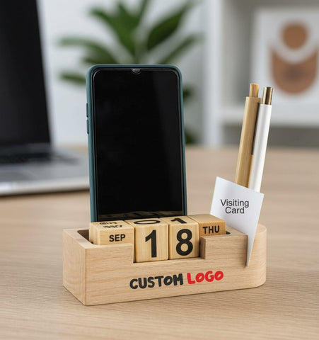 4-in-1 Wooden Desk Organizer with Perpetual Calendar & Mobile Stand