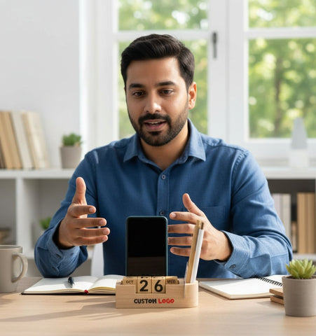 4-in-1 Wooden Desk Organizer with Perpetual Calendar & Mobile Stand