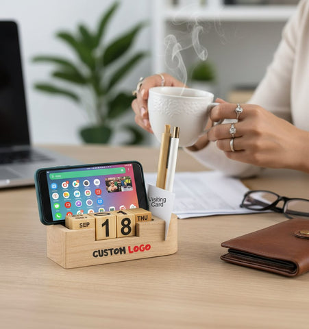 4-in-1 Wooden Desk Organizer with Perpetual Calendar & Mobile Stand