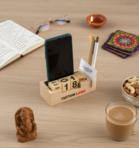 4-in-1 Wooden Desk Organizer with Perpetual Calendar & Mobile Stand