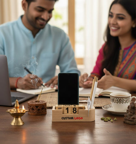 4-in-1 Wooden Desk Organizer with Perpetual Calendar & Mobile Stand
