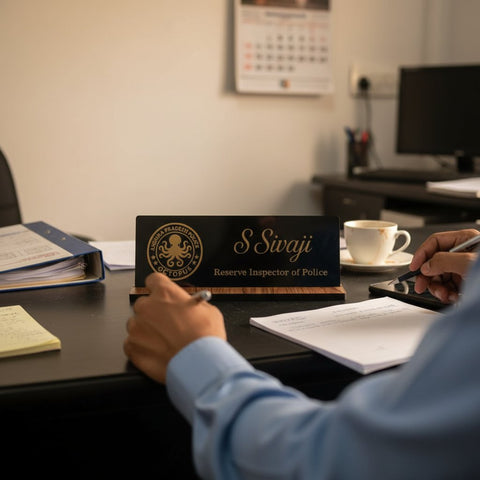 Custom Acrylic Desk Nameplate with MDF Base | Personalized Office Sign