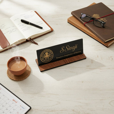 Custom Acrylic Desk Nameplate with MDF Base | Personalized Office Sign