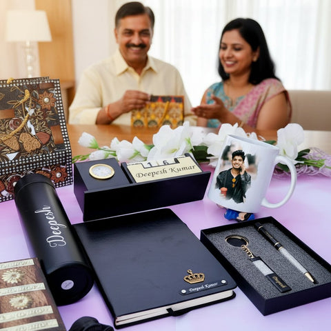 Personalized Dad Gift Set: Flask, Mug, Diary, Pen & Clock Stand