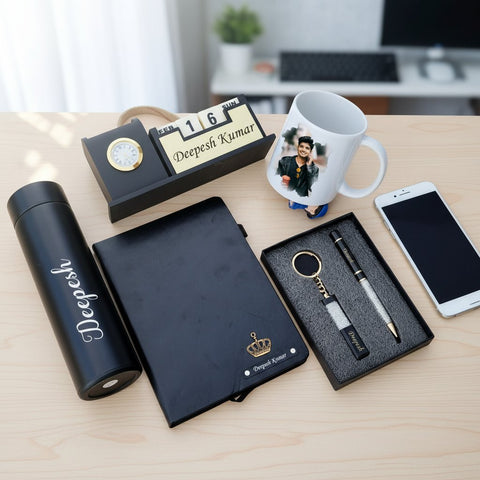 Personalized Dad Gift Set: Flask, Mug, Diary, Pen & Clock Stand
