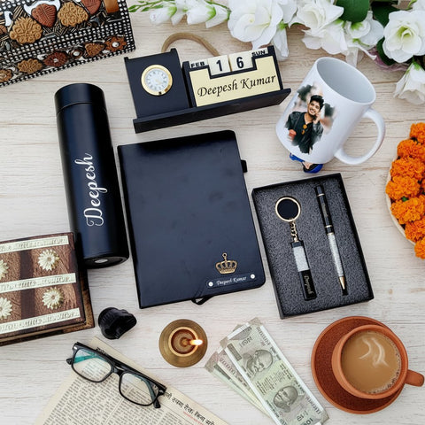 Personalized Dad Gift Set: Flask, Mug, Diary, Pen & Clock Stand