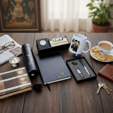Personalized Dad Gift Set: Flask, Mug, Diary, Pen & Clock Stand