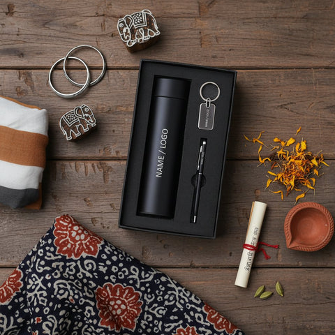 Customized Gift Hamper: Engraved Bottle, Pen & Keychain Set