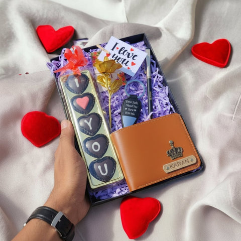 Personalized Gift Hamper for Men: Wallet, Pen, Rose & Chocolates