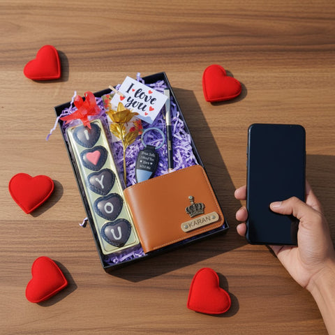 Personalized Gift Hamper for Men: Wallet, Pen, Rose & Chocolates