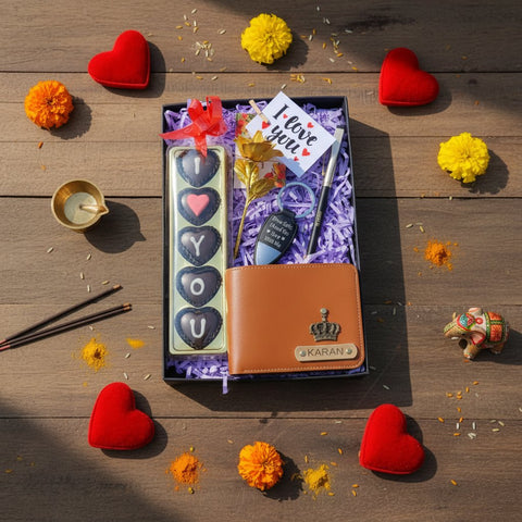 Personalized Gift Hamper for Men: Wallet, Pen, Rose & Chocolates