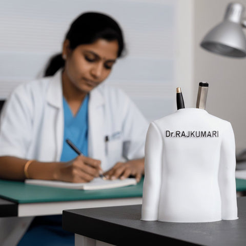 Person in a medical setting with a personalized nameplate on a desk