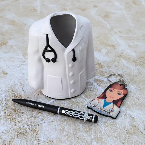 Personalized Doctor Pen Stand & Keychain Combo - Perfect Medical Gift