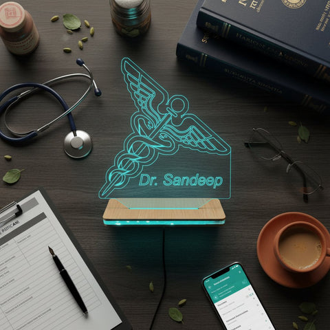 Personalized Doctor LED Lamp | Custom Engraved Medical Caduceus Desk Light