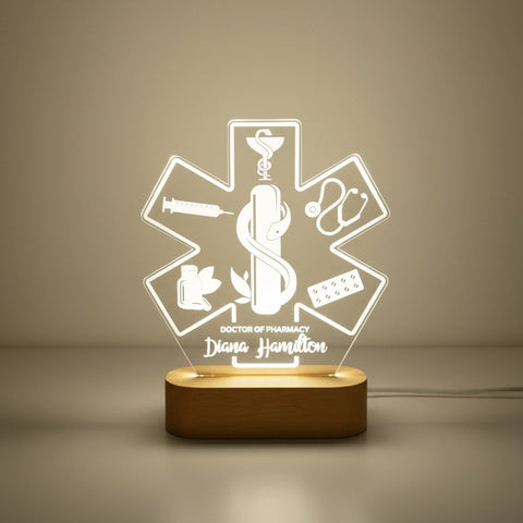 Personalized Healthcare LED Lamp | Custom Engraved Doctor, Pharmacist & Nurse Gift with Wooden Base