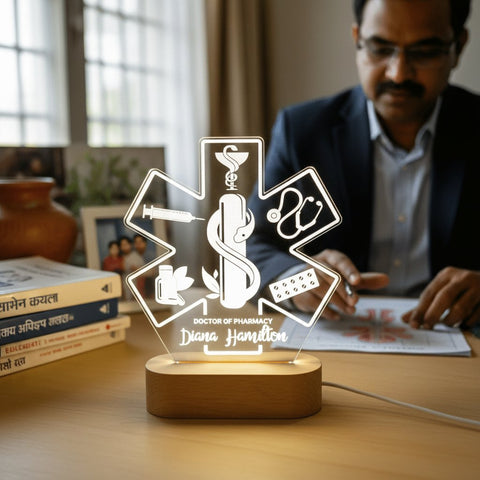 Personalized Healthcare LED Lamp | Custom Engraved Doctor, Pharmacist & Nurse Gift with Wooden Base