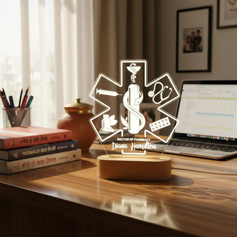 Personalized Healthcare LED Lamp | Custom Engraved Doctor, Pharmacist & Nurse Gift with Wooden Base