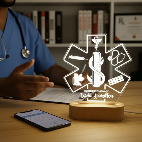 Personalized Healthcare LED Lamp | Custom Engraved Doctor, Pharmacist & Nurse Gift with Wooden Base