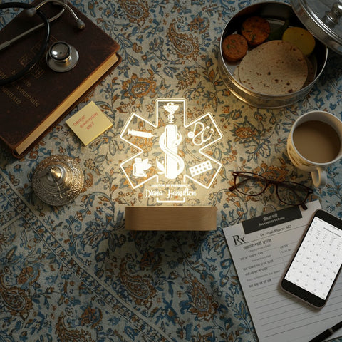 Personalized Healthcare LED Lamp | Custom Engraved Doctor, Pharmacist & Nurse Gift with Wooden Base