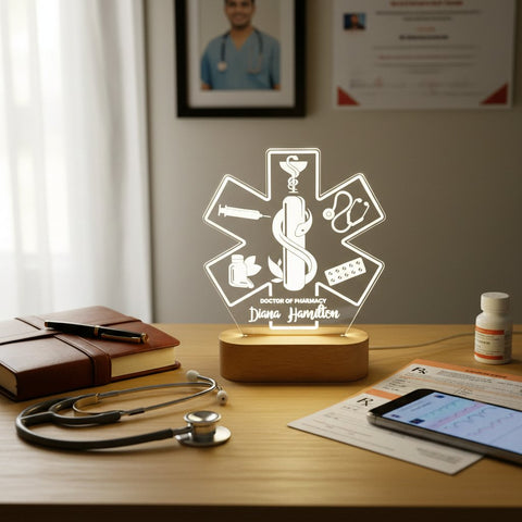 Personalized Healthcare LED Lamp | Custom Engraved Doctor, Pharmacist & Nurse Gift with Wooden Base