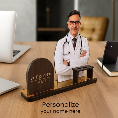 Personalized Doctor Desk Nameplate with Custom Photo & Pen Holder