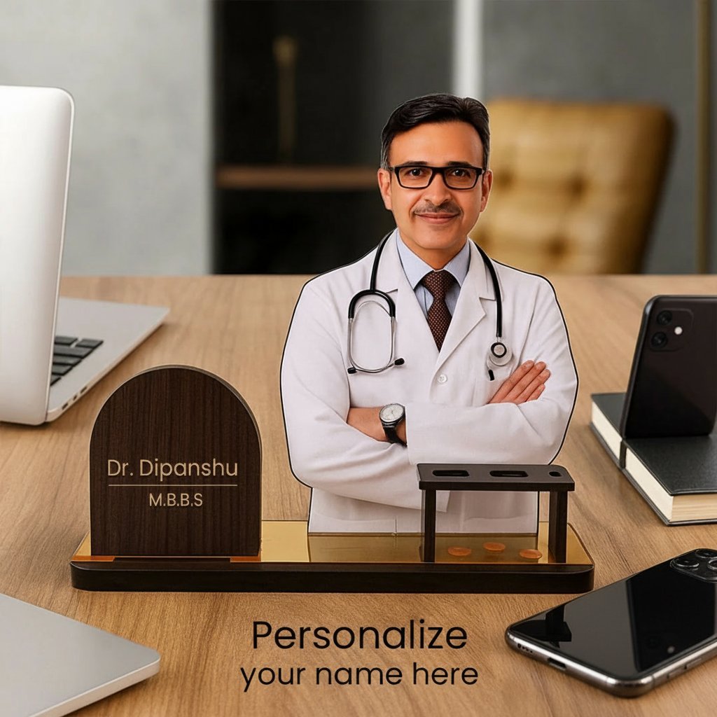 Personalized Doctor Desk Nameplate with Custom Photo & Pen Holder